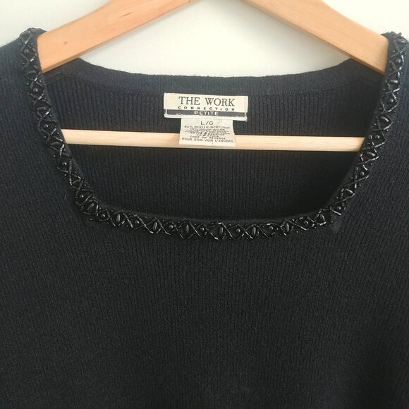 Vintage Hong Kong beaded trim square neckline black sweater top Large Pe… - Picture 4 of 12